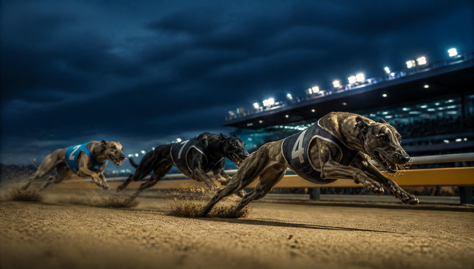Racing greyhounds at full stretch finishing a race under floodlights